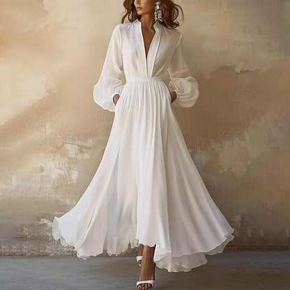 Vintage White V-Neck Maxi Dress