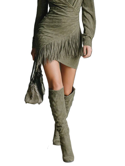 Oriane | Robe mi-longue effet daim a franges, col revers