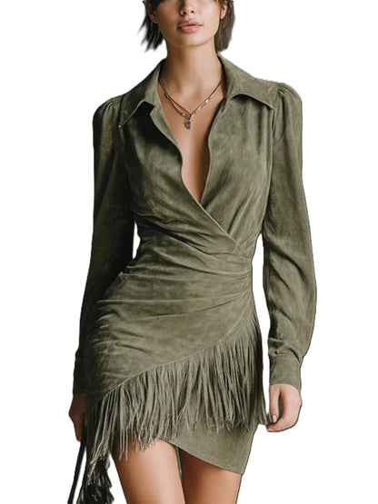 Oriane | Robe mi-longue effet daim a franges, col revers