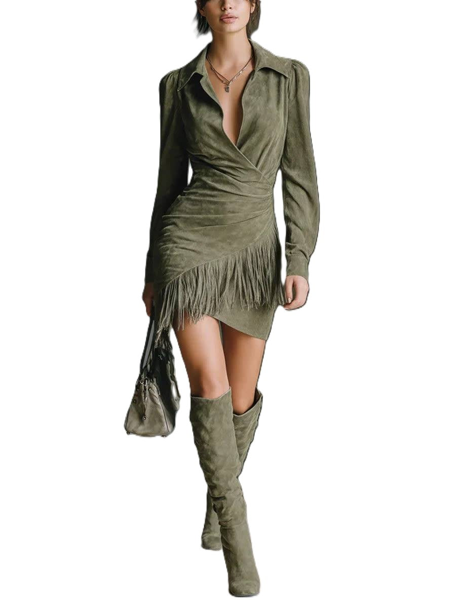 Oriane | Robe mi-longue effet daim a franges, col revers