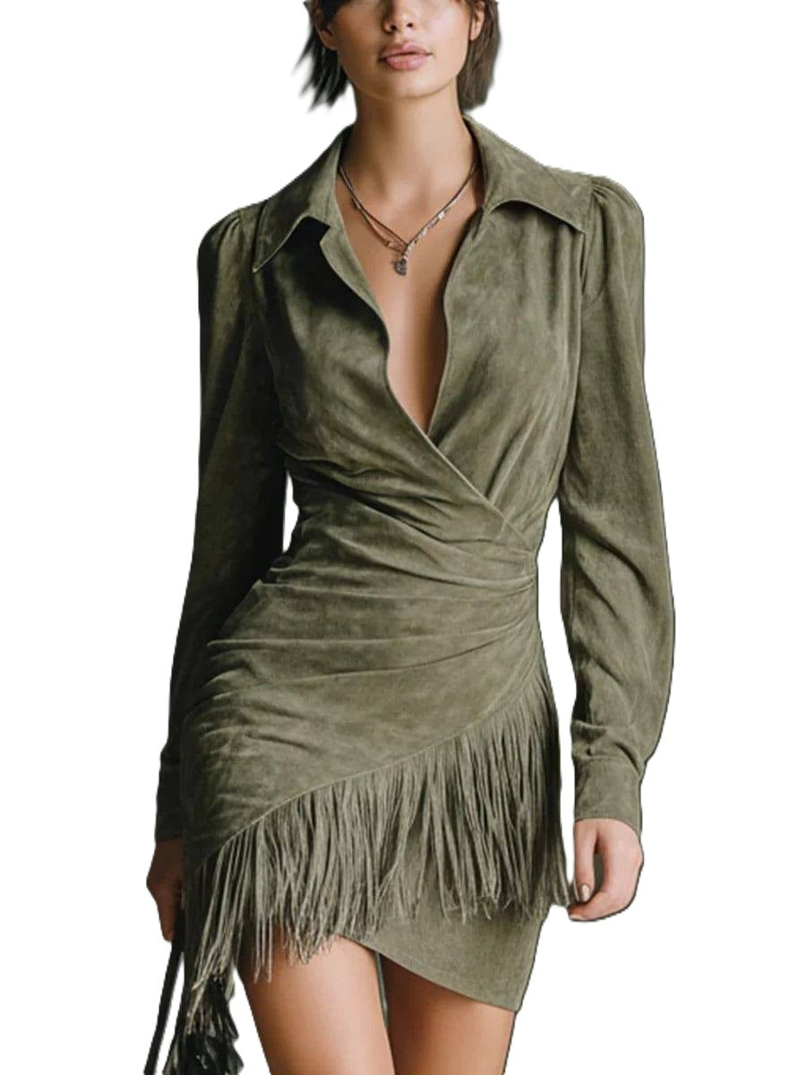 Oriane | Robe mi-longue effet daim a franges, col revers